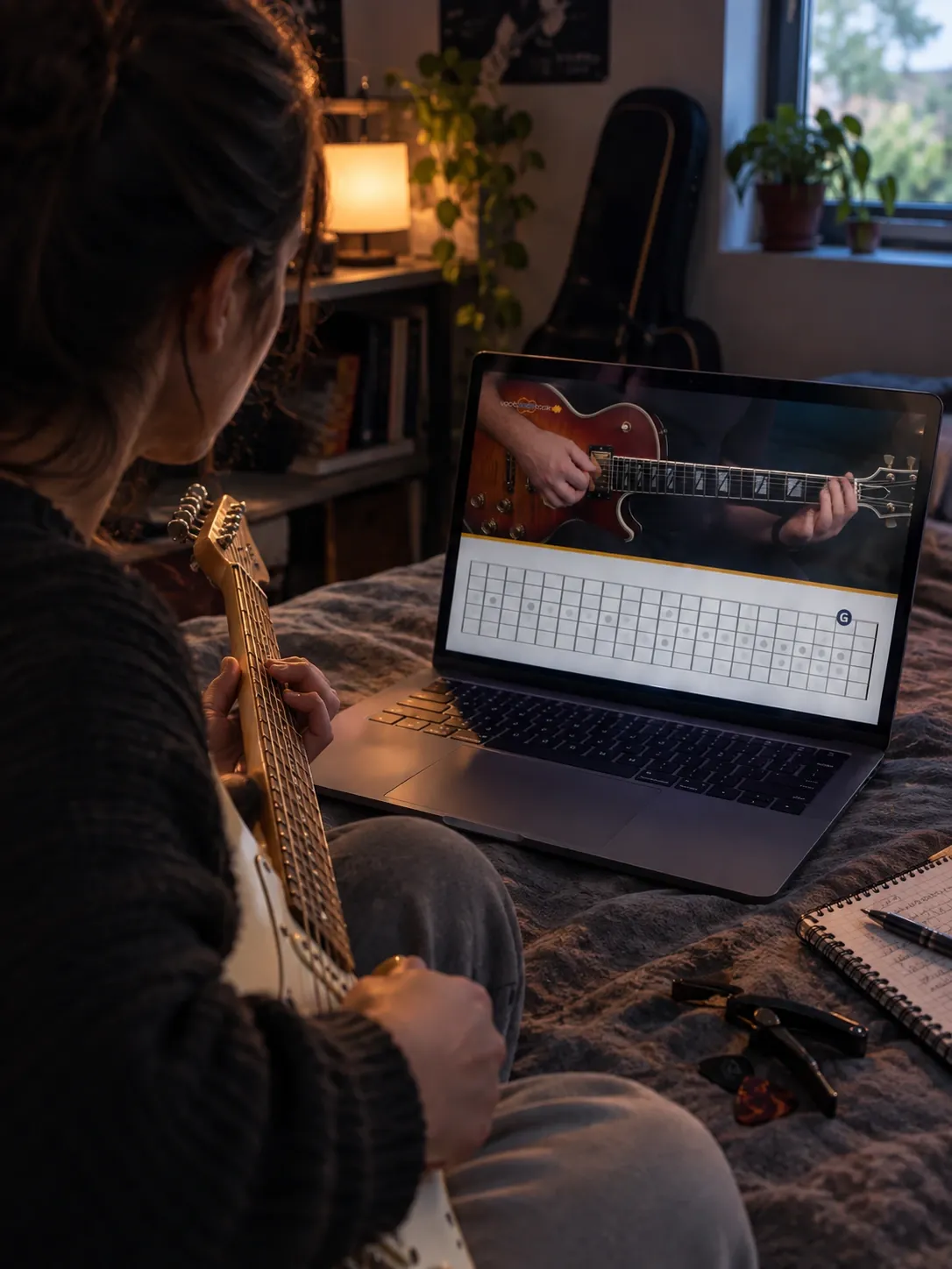 Aluna estudando guitarra pelo laptop