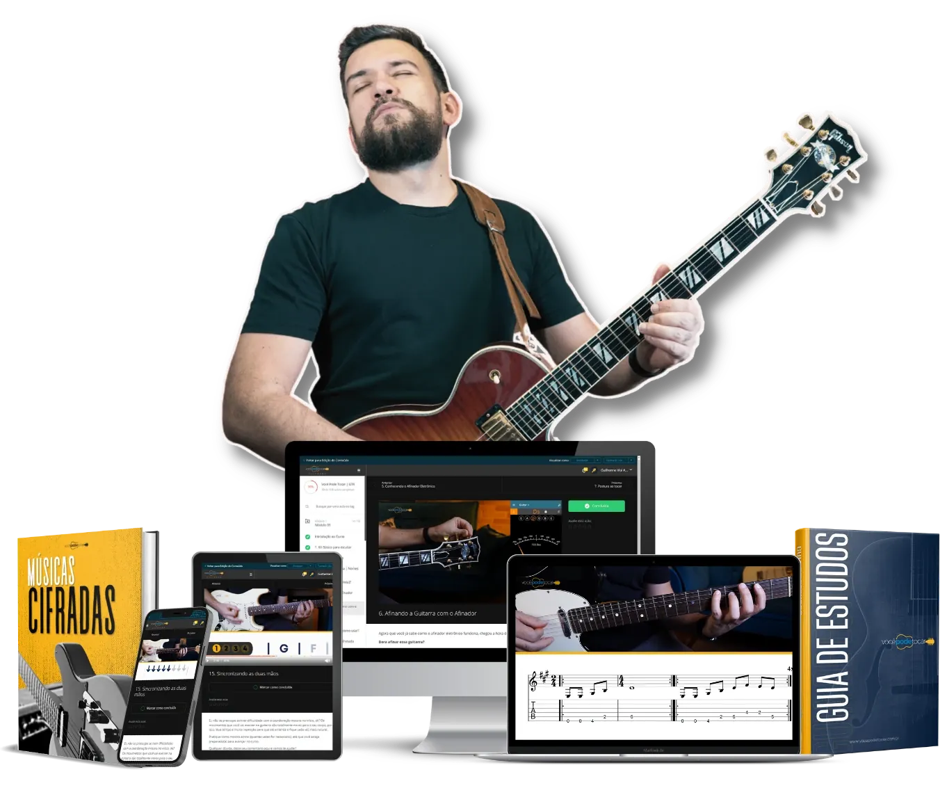 Renato Faleiro e o material completo do curso de guitarra: apostila, ebooks, celular, tablet e notebook exibindo as aulas