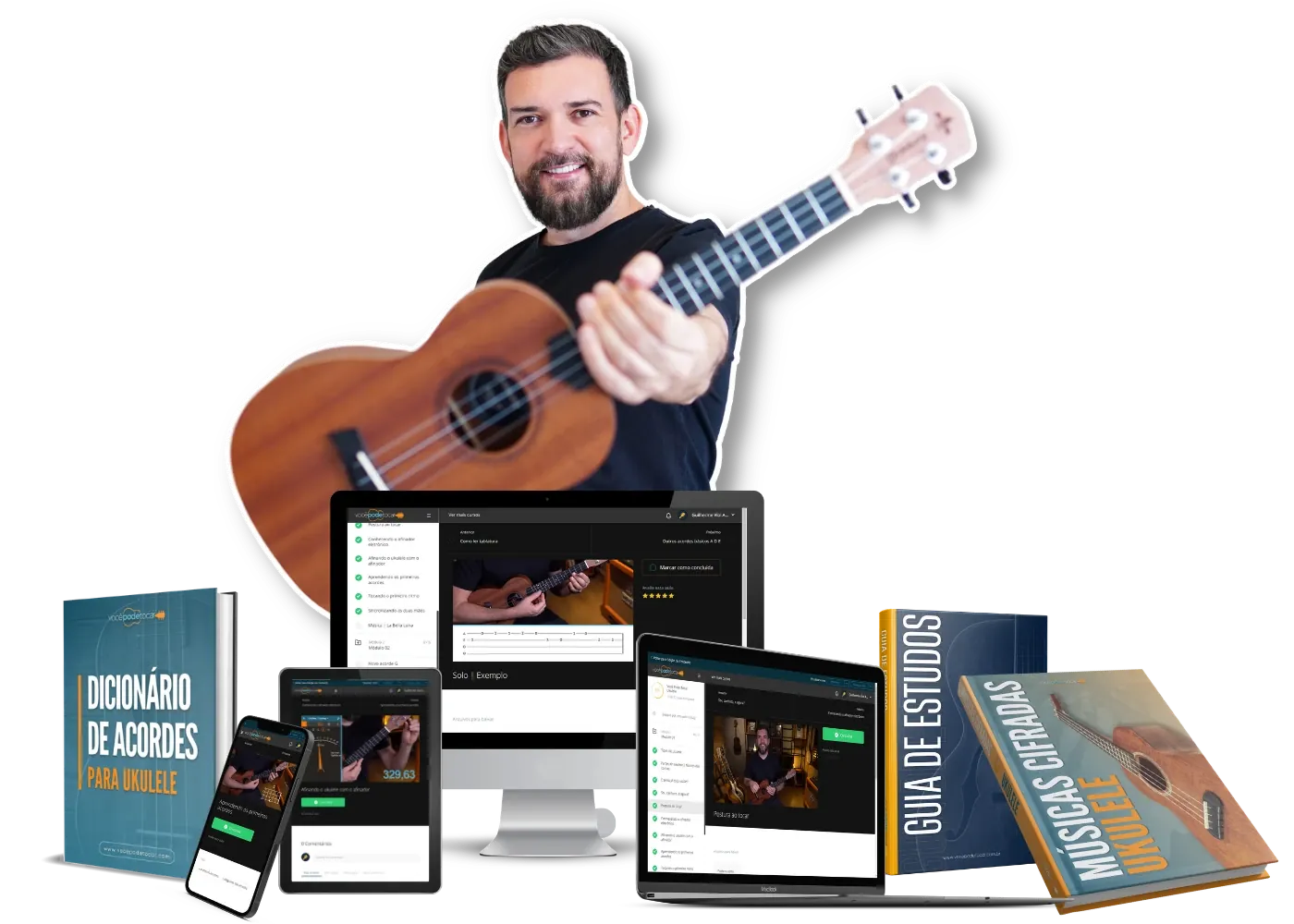 Renato Faleiro e o material completo do curso de ukulele: apostilas, ebooks, celular, tablet e notebook exibindo as aulas