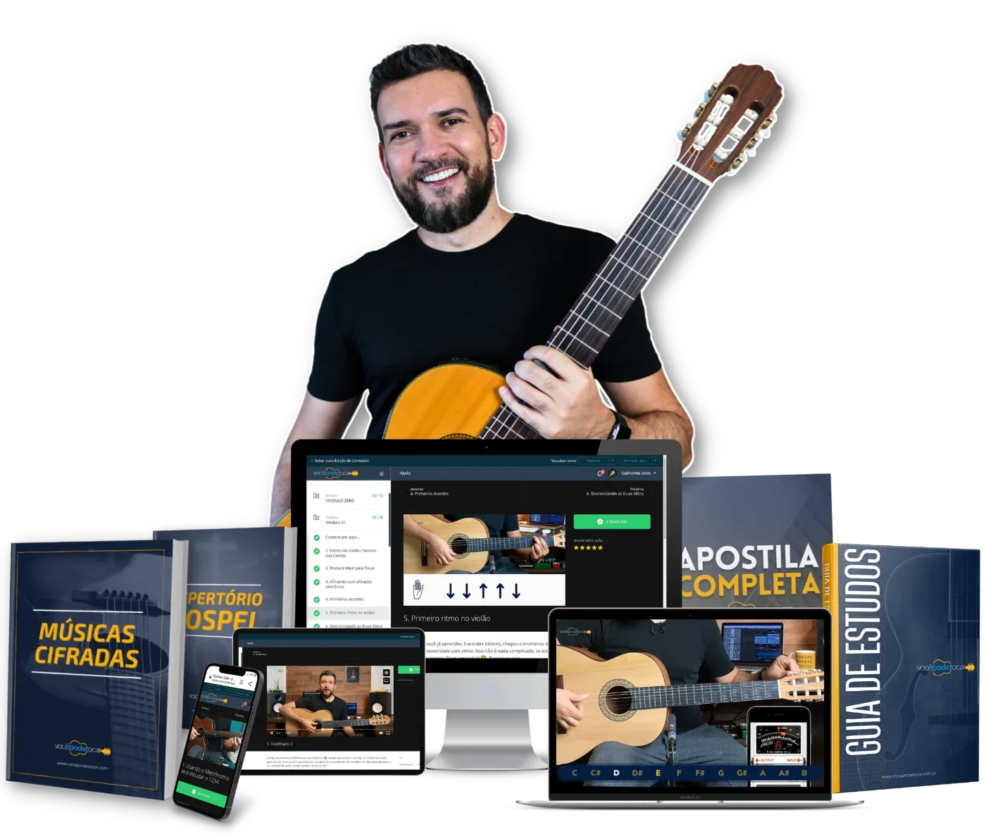 Renato Faleiro e o material completo do curso: apostila, ebooks, celular, tablet e notebook exibindo as aulas