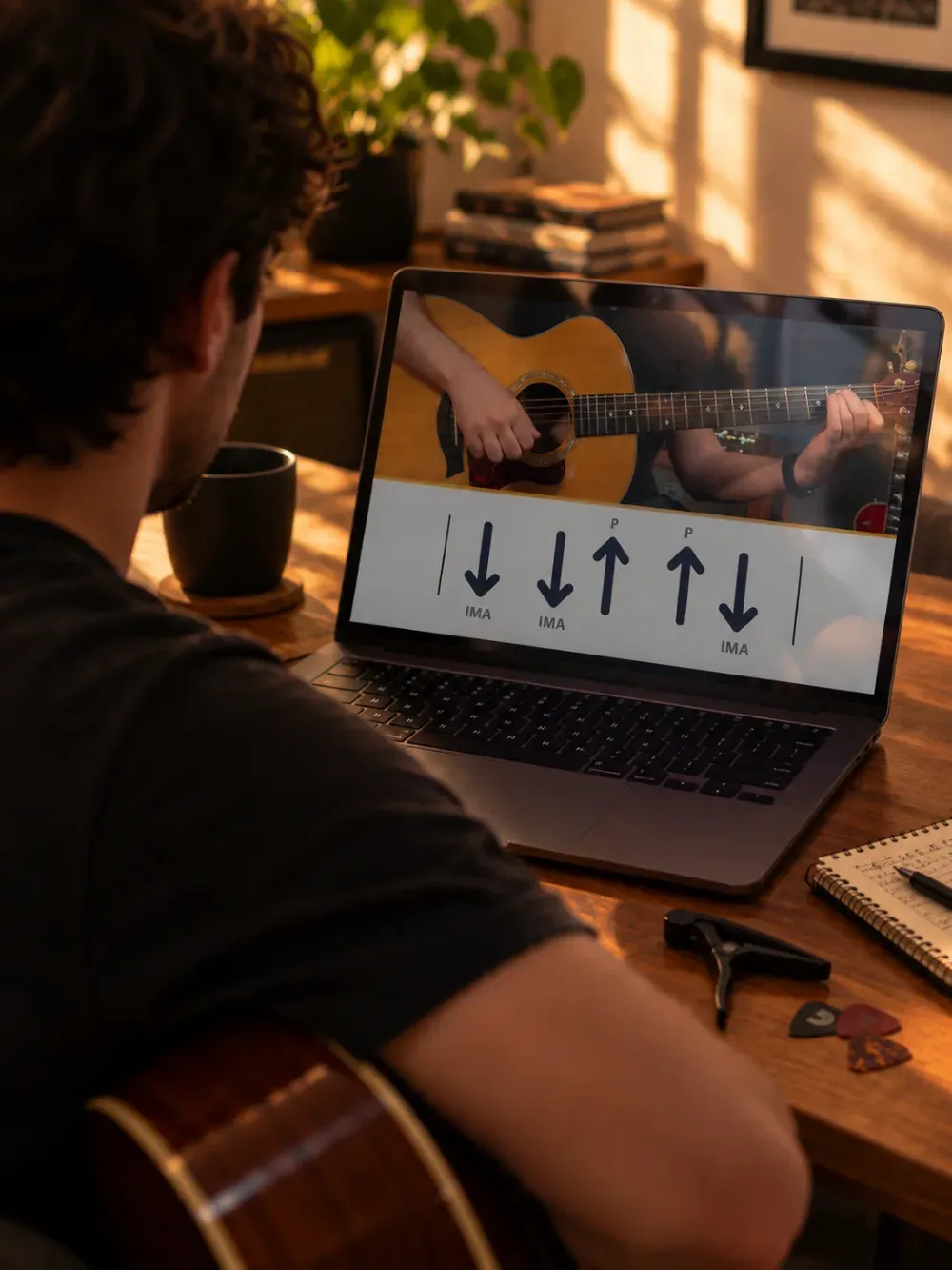Aluno estudando violão pelo laptop